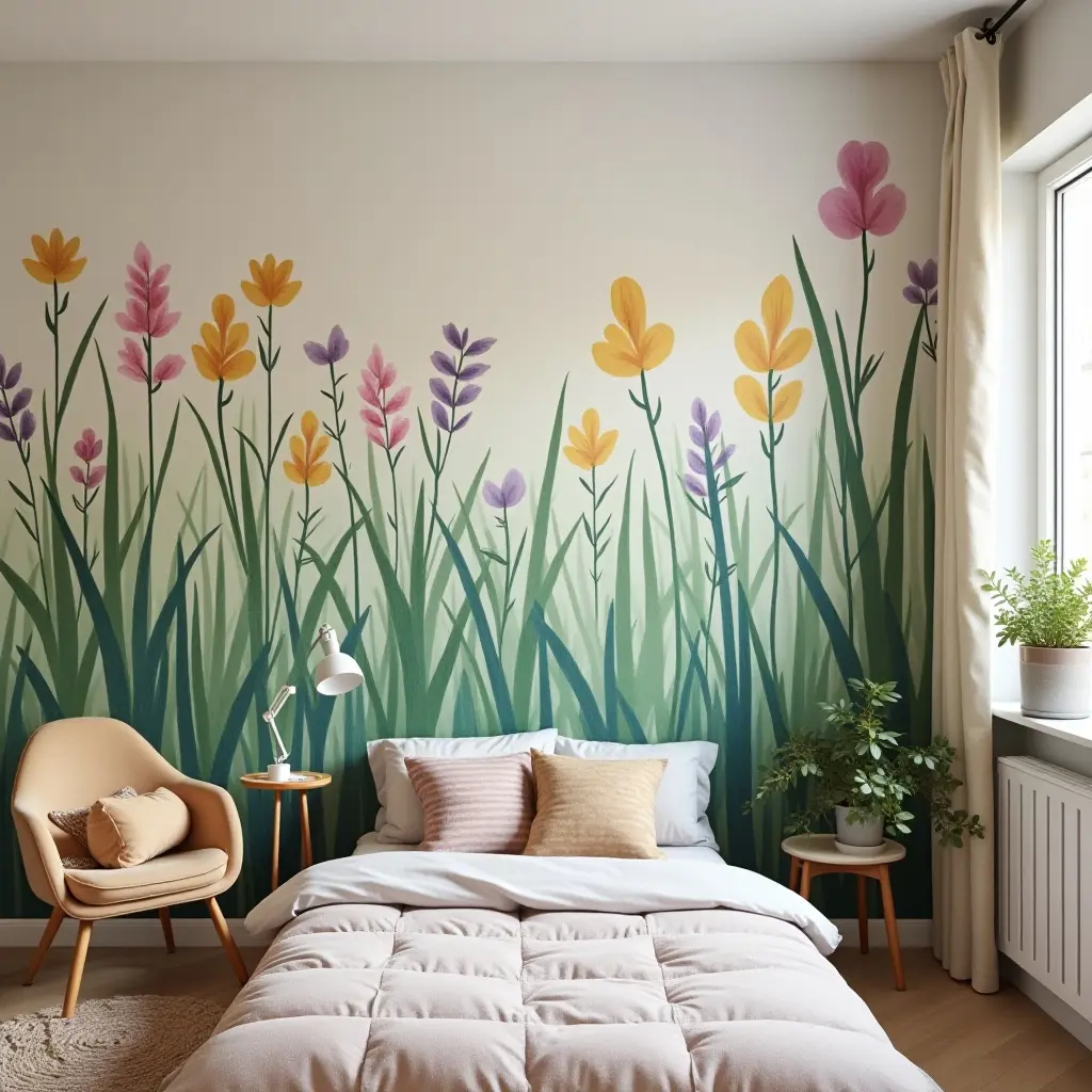 a photo of a teen's room with a colorful plant mural