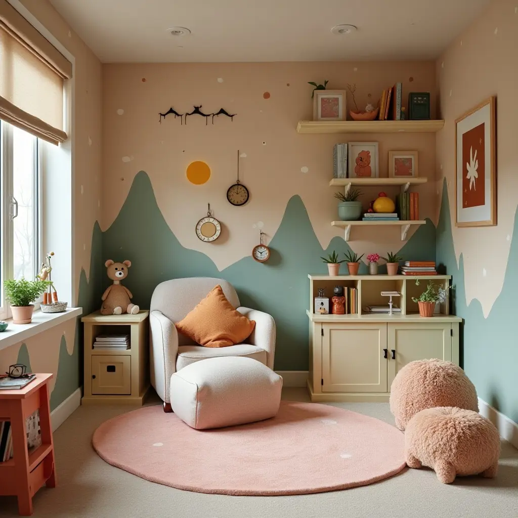 a photo of a whimsical basement kids' corner with playful designs and toys
