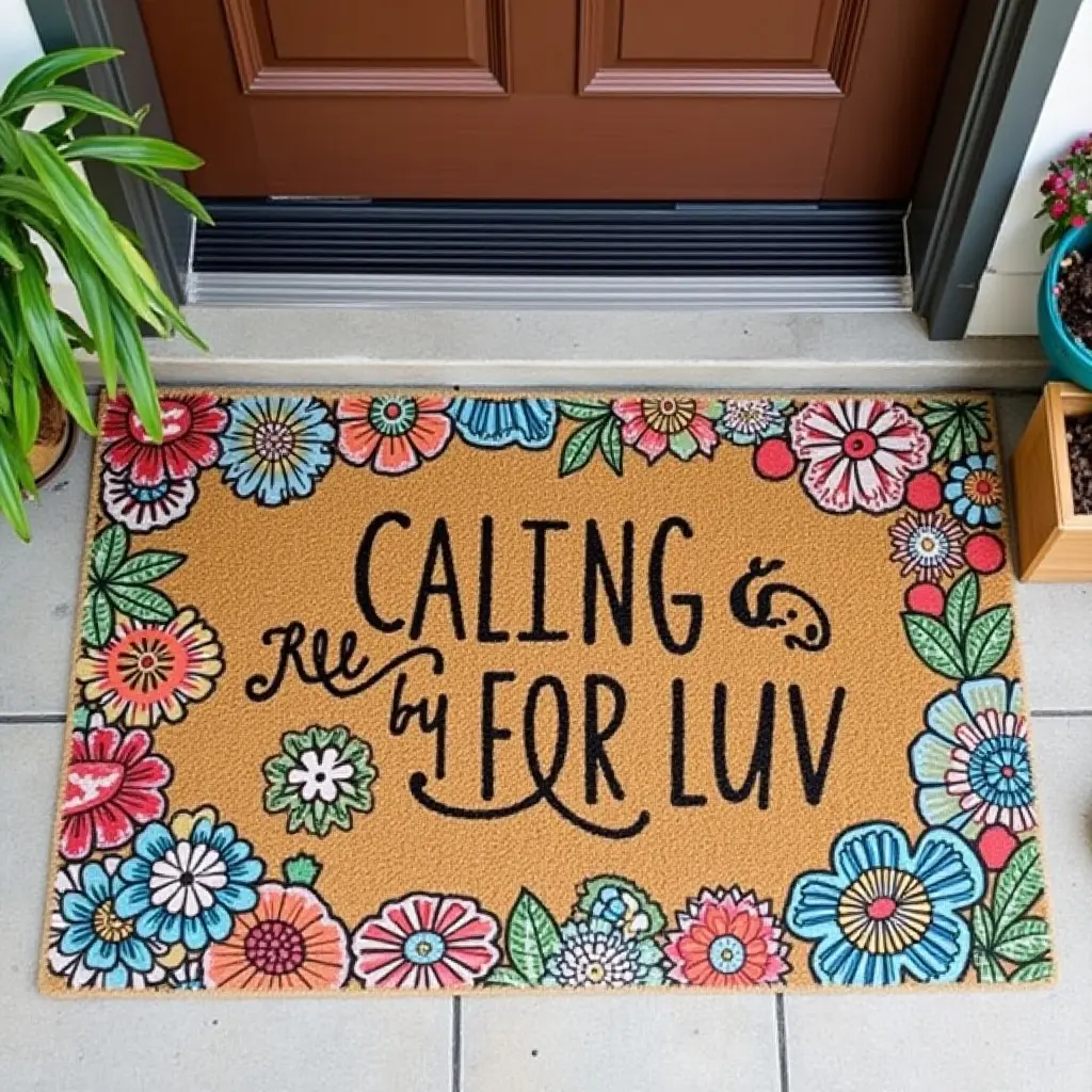 a photo of a colorful DIY welcome mat with painted designs