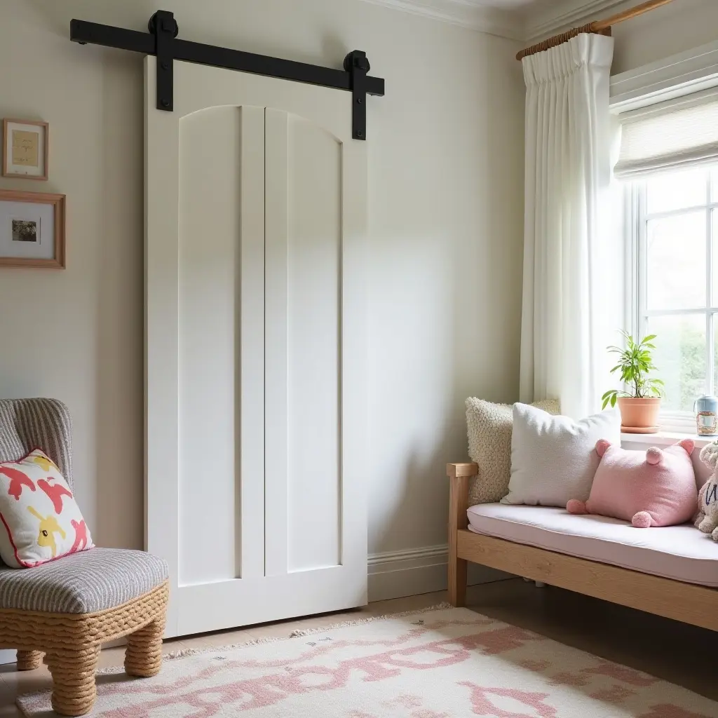 a photo of a charming kids' bedroom with a barn door and cozy reading nook
