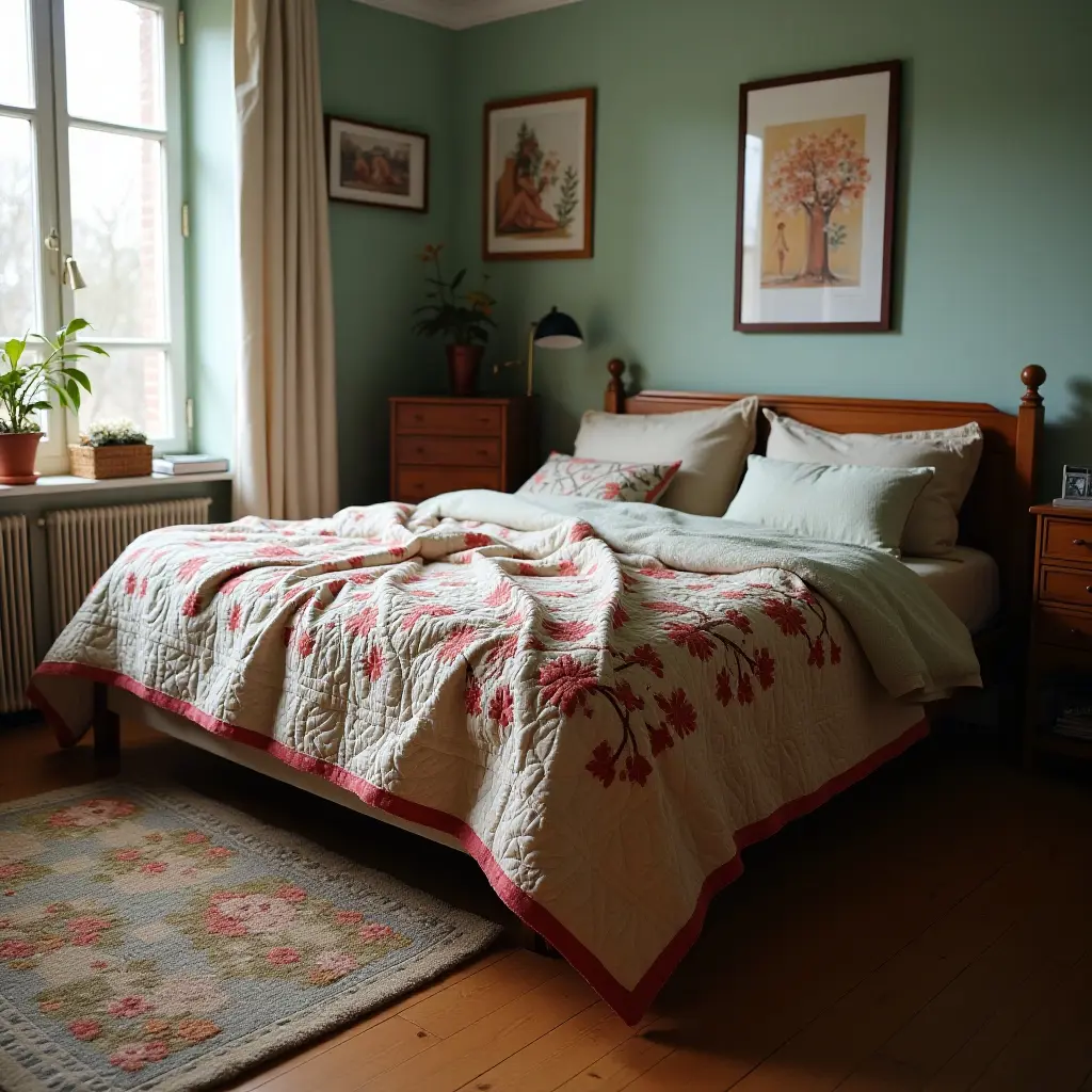 a photo of a classic quilt draped over a vintage bed in a teen's room