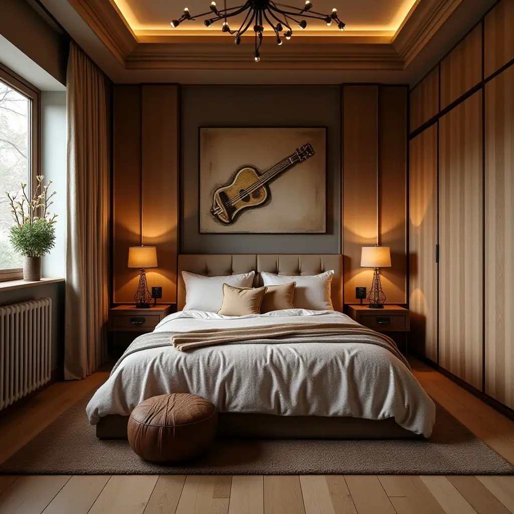a photo of a music-themed bedroom with instruments and soundproofing elements