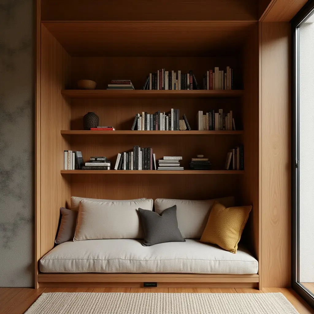 a photo of a library nook with layered textures of wood and fabric