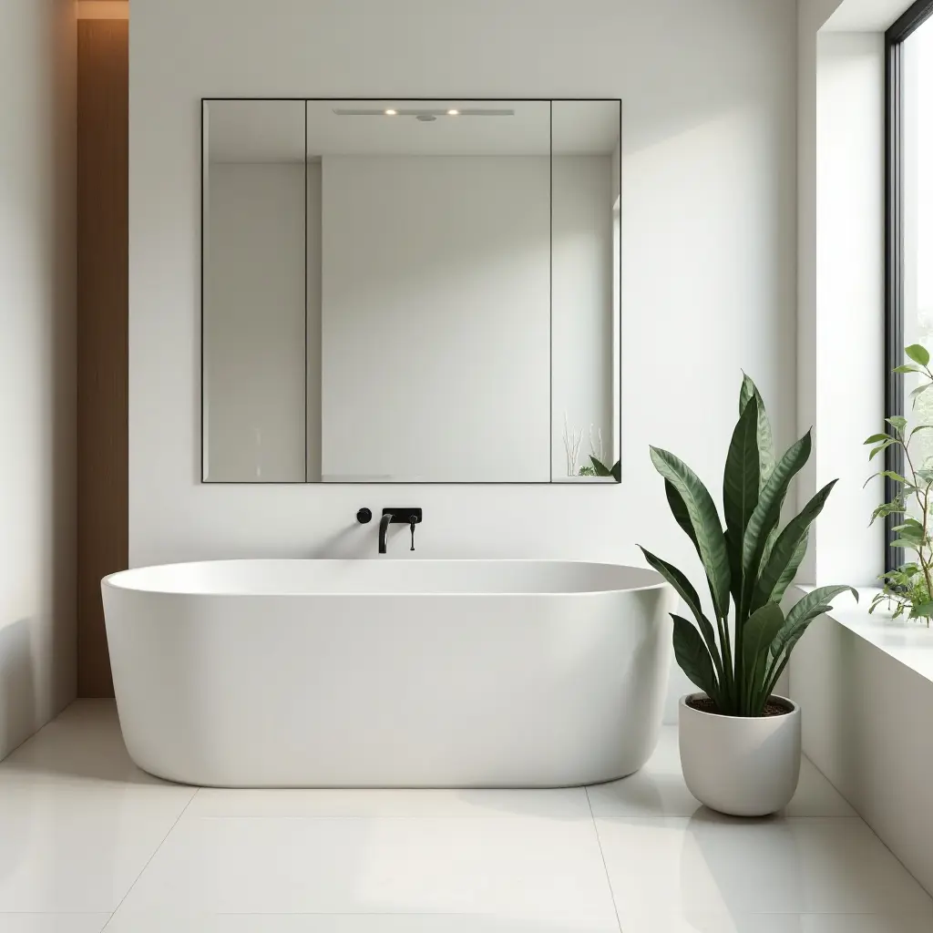 a photo of a minimalist bathroom with a single large plant centerpiece