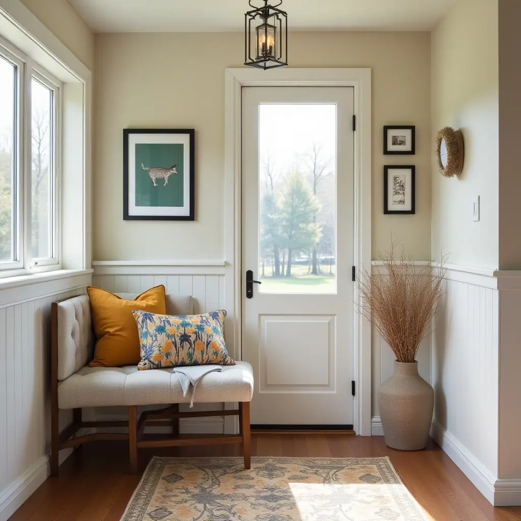a photo of a cozy entrance hall with a bench and vibrant throw pillows