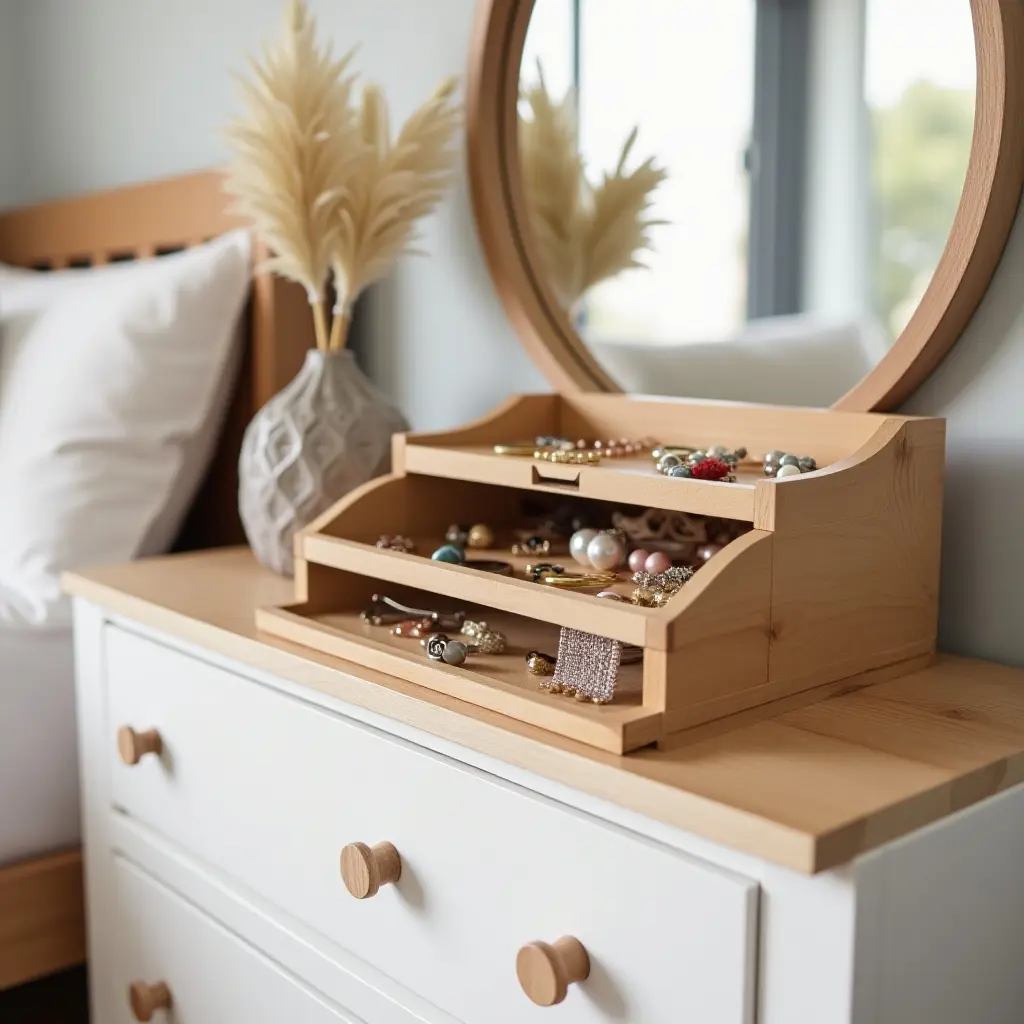 a photo of a wooden jewelry organizer on a dresser in a teen's bedroom