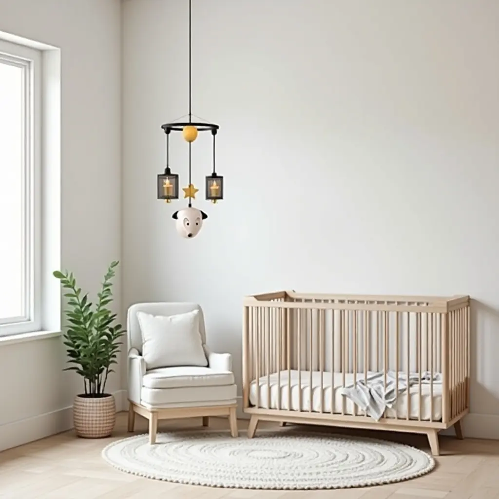 a photo of a nursery with a playful industrial-themed mobile