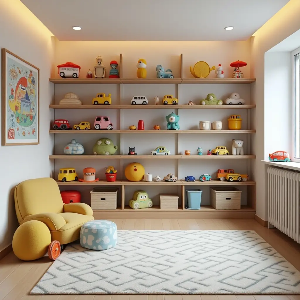 a photo of a basement children's room with colorful shelves for toys