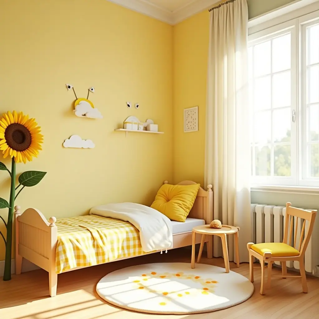 a photo of a child's room with a sunflower theme