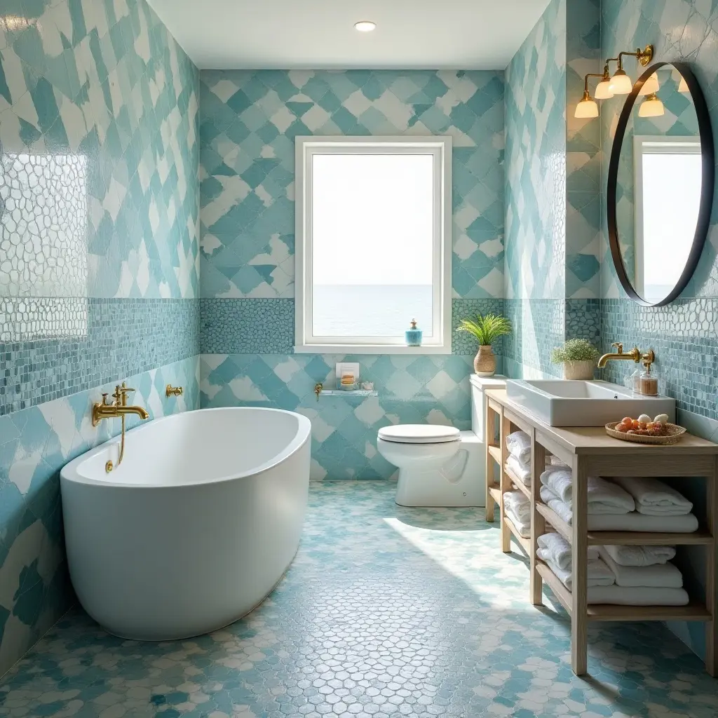 a photo of a coastal bathroom adorned with ocean-themed mosaic tiles