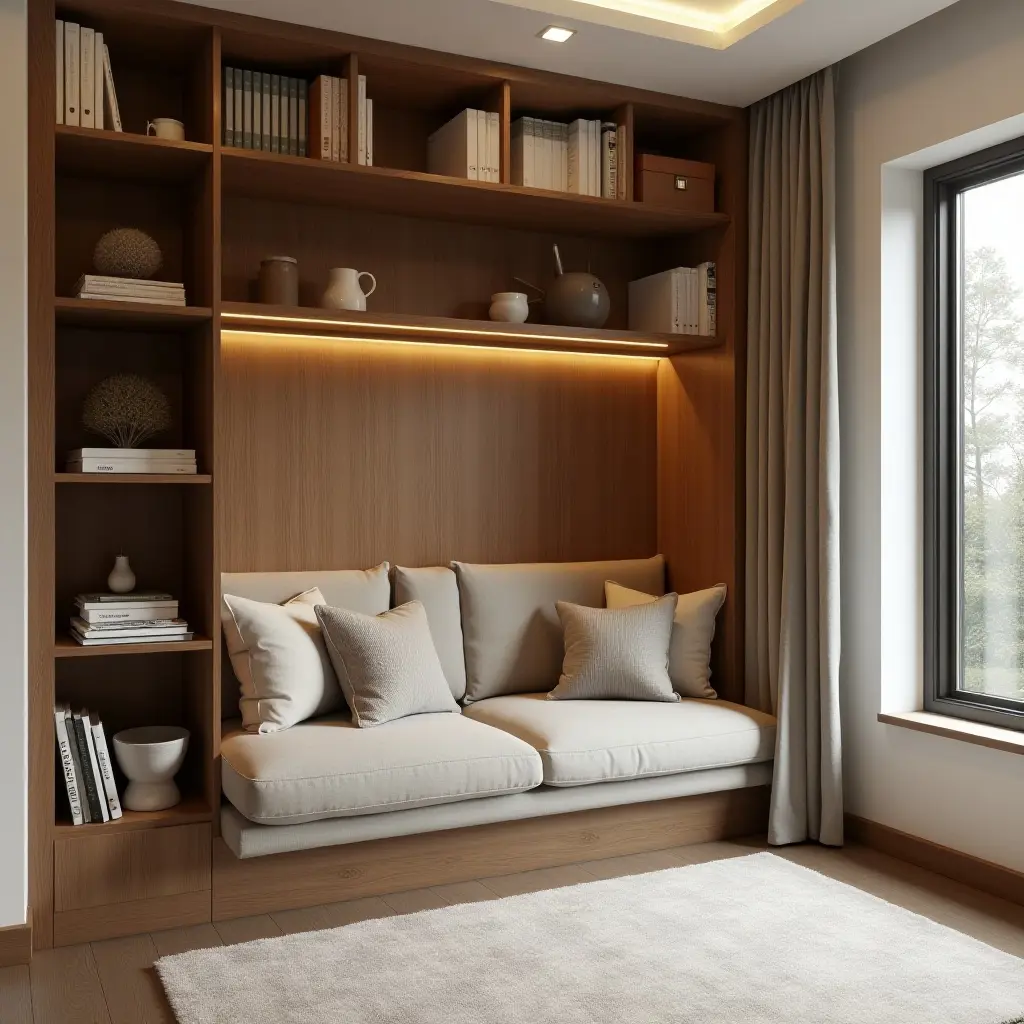 a photo of a cozy reading nook with storage-integrated seating