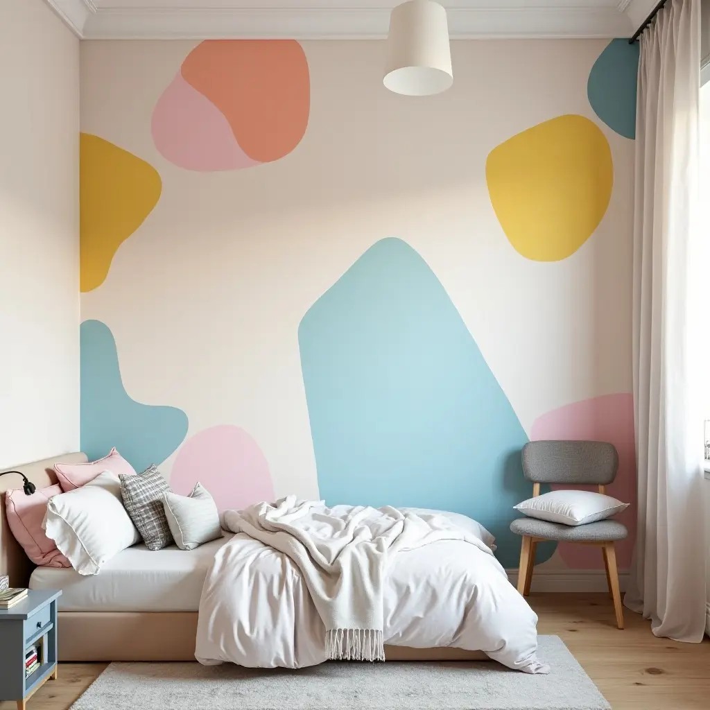 a photo of a wall covered in colorful geometric shapes in a modern teen's room