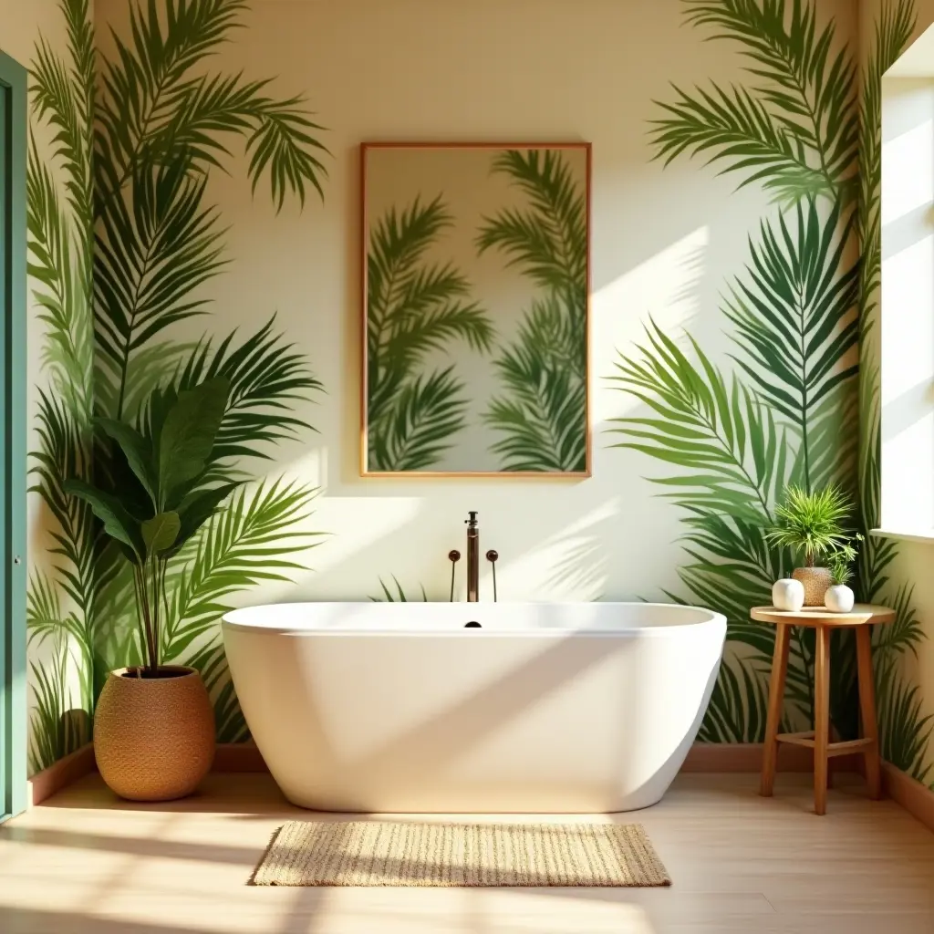 a photo of a tropical-themed bathroom with palm leaves and bright colors