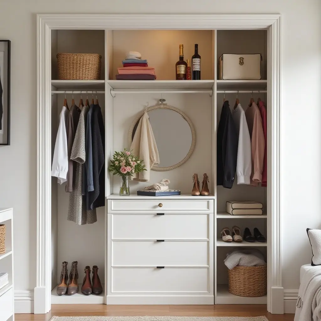 a photo of a stylish closet area in a teen's room with organized accessories and decor