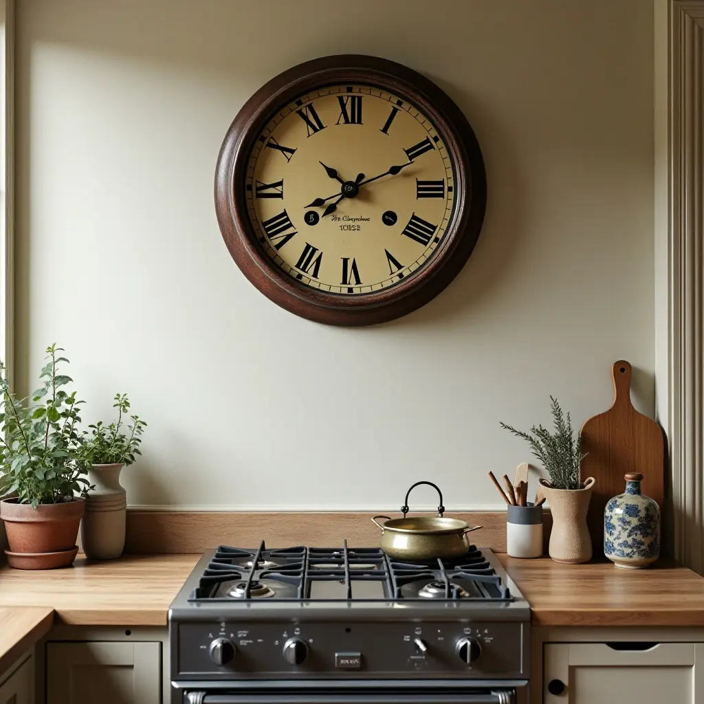 a photo of a kitchen with an antique clock and vintage decor