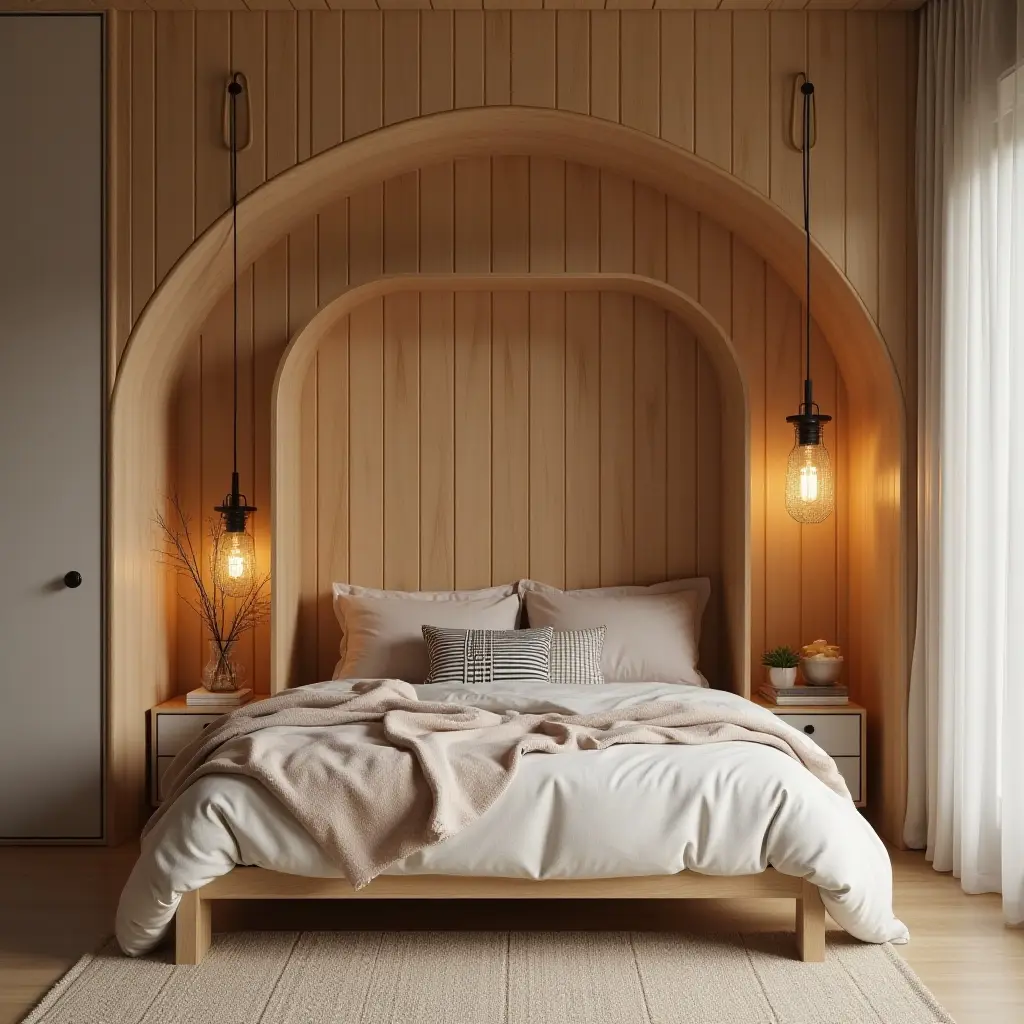 a photo of a cozy wooden reading nook in a teen's bedroom