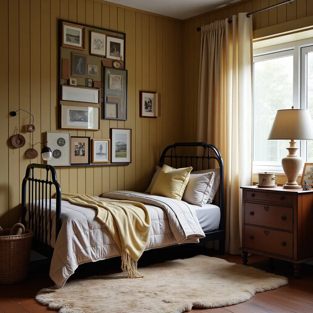 a photo of a vintage-inspired teen room with fabric, wood, and metal details