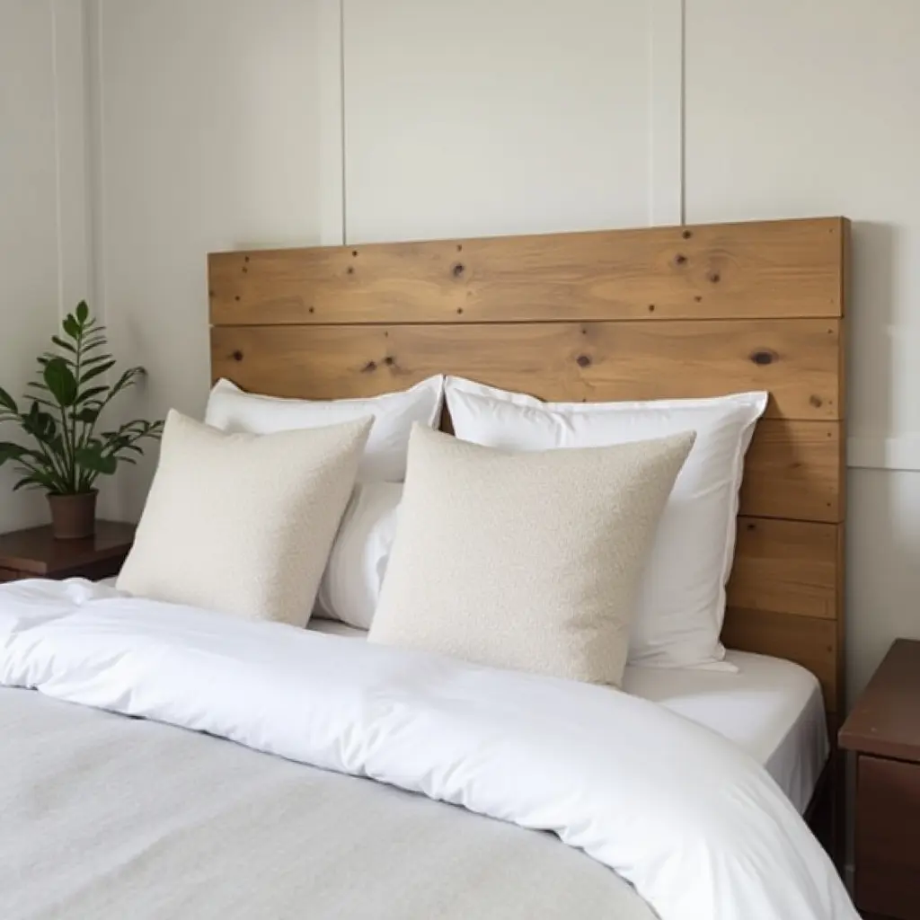 a photo of a wooden headboard with soft pillows in a teen's room