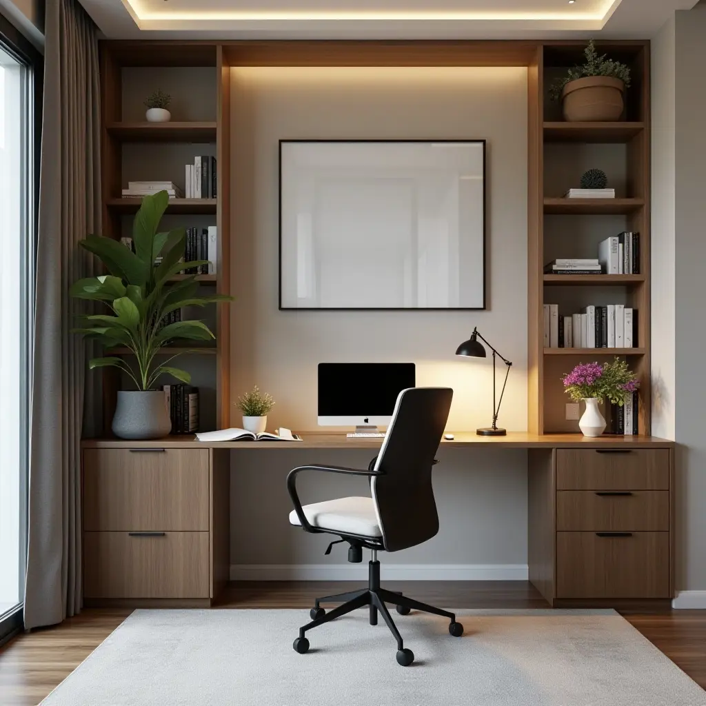 a photo of a sophisticated home office featuring ergonomic furniture and modern decor