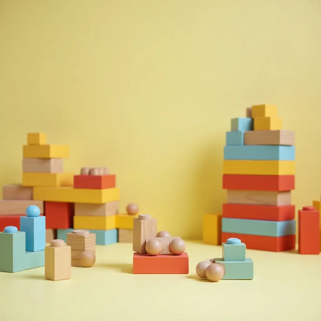 a photo of a vibrant kids' room with wooden building blocks scattered around