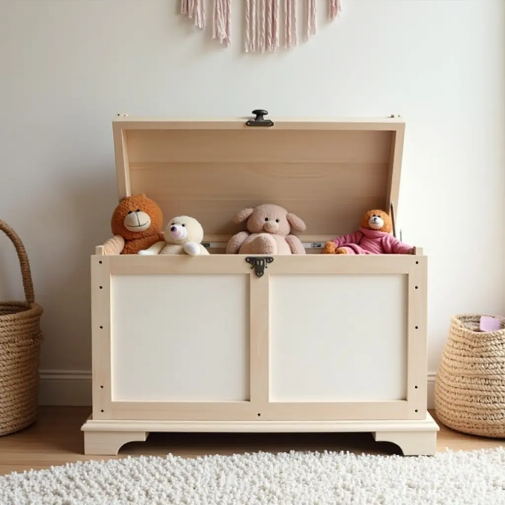 a photo of a DIY treasure chest for toys in a kid's room