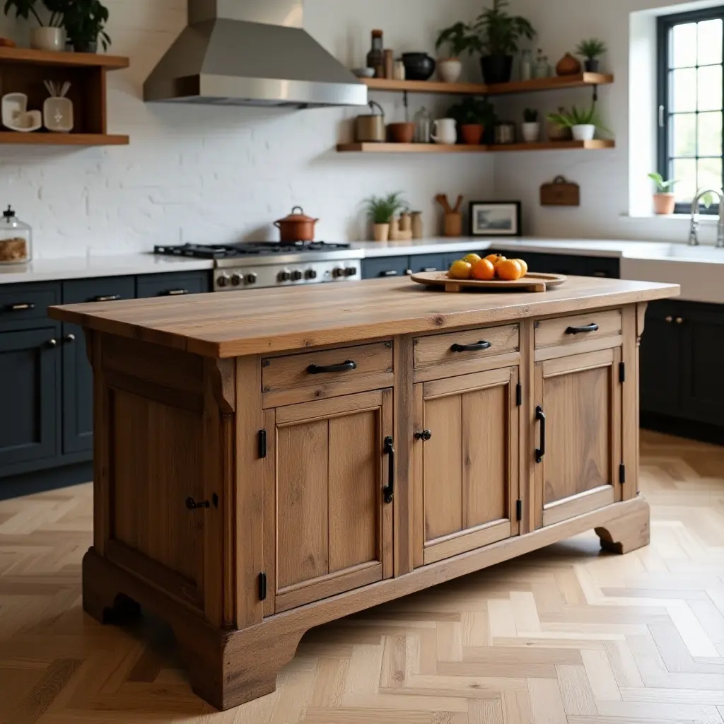 a photo of a vintage kitchen island made from reclaimed wood
