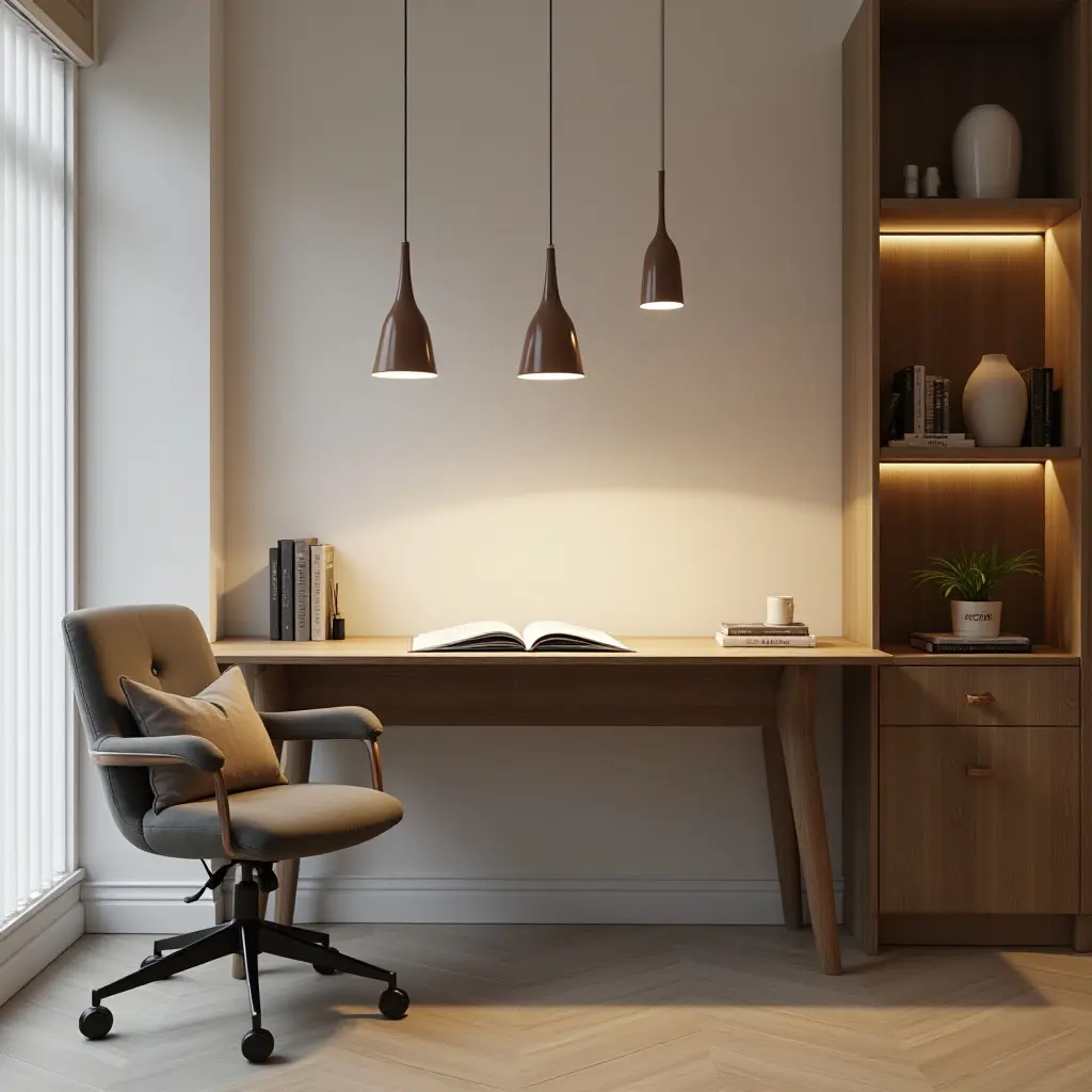 a photo of a stylish study area with pendant lighting above the desk