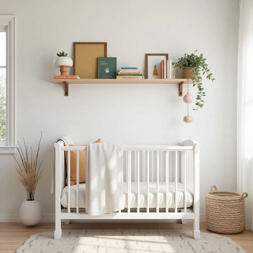 a photo of a nursery featuring a creative wall shelf for books in the reading nook