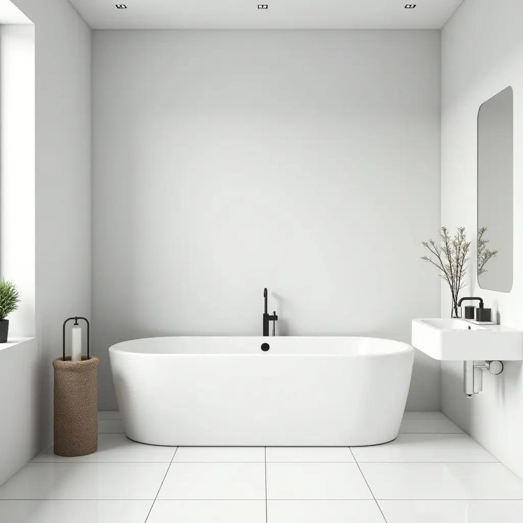 a photo of a sleek bathroom with large white tiles and minimalist decor