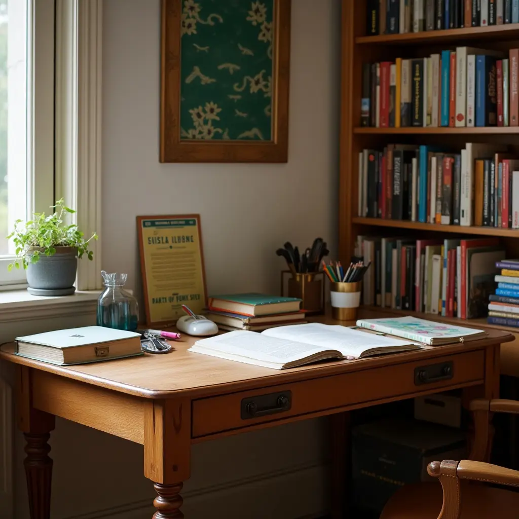 a photo of a vintage desk with books and stationery in a teen's study area