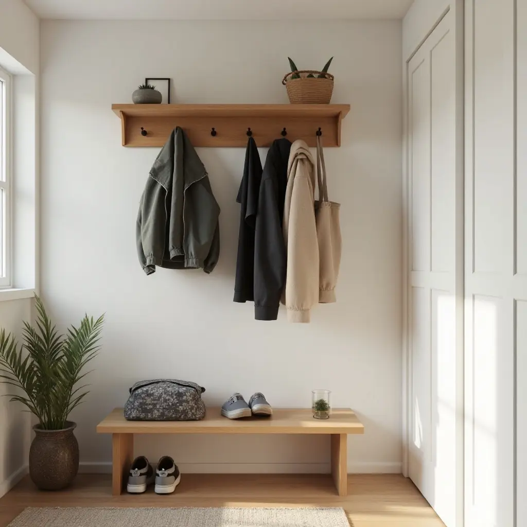 a photo of a wooden coat rack near the entrance of a teen's bedroom