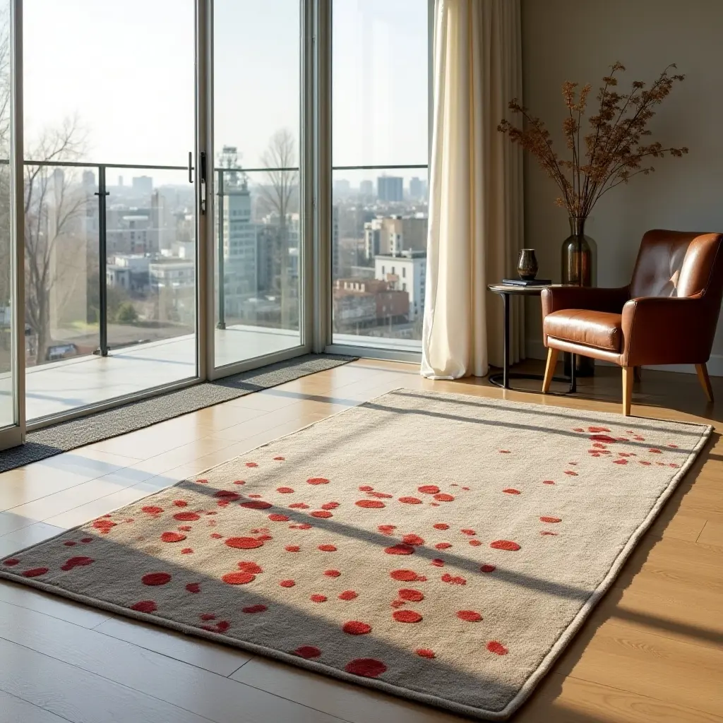 a photo of an oversized rug with bold graphics on a spacious balcony