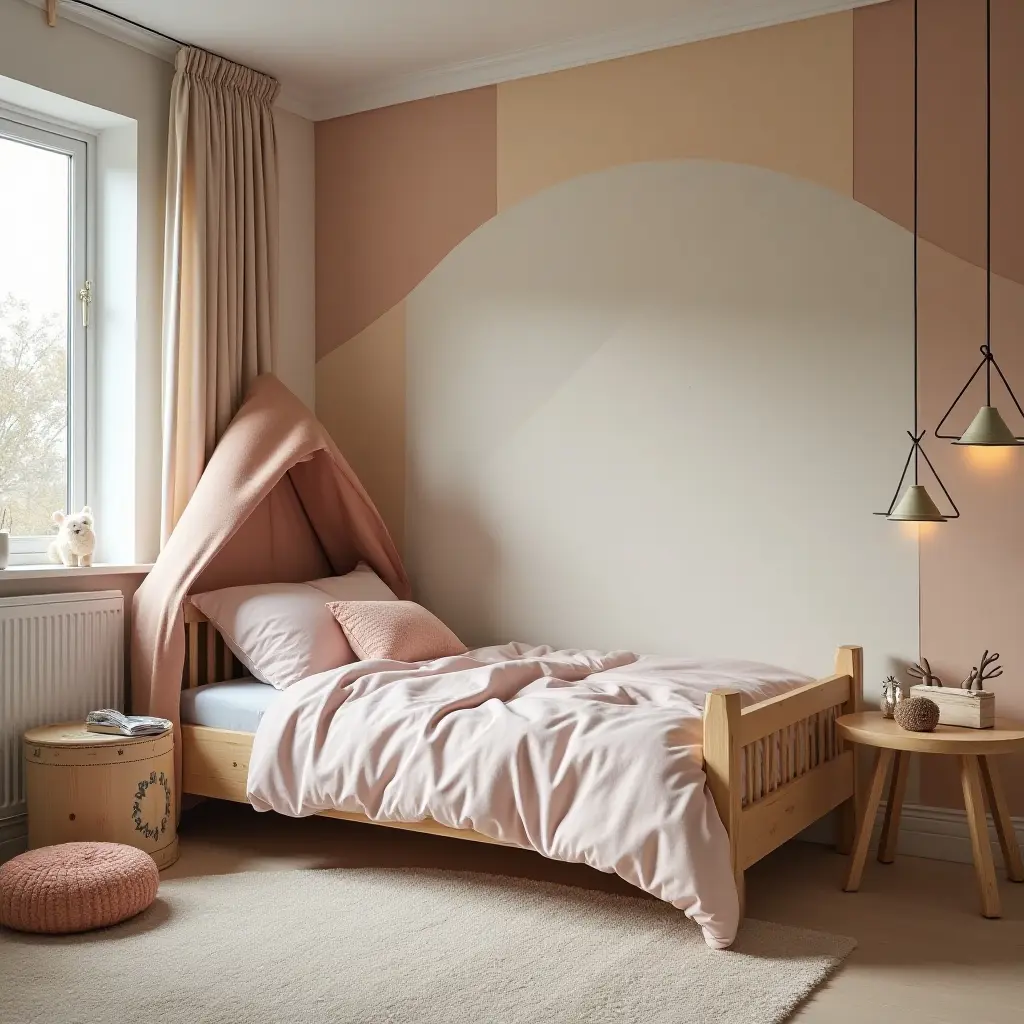 a photo of a playful kids' bedroom showcasing a mix of soft fabric, warm wood, and shiny metal