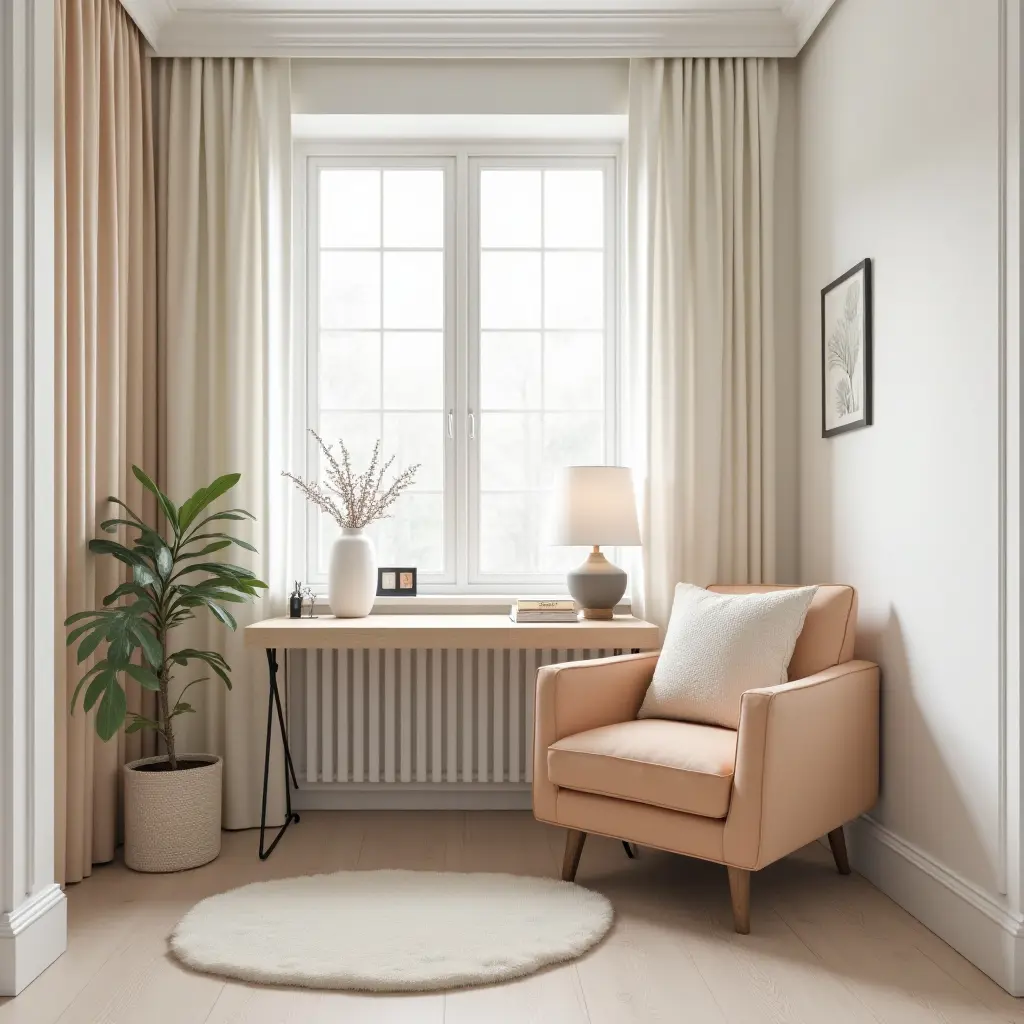 a photo of a bright study nook with pastel-colored decor