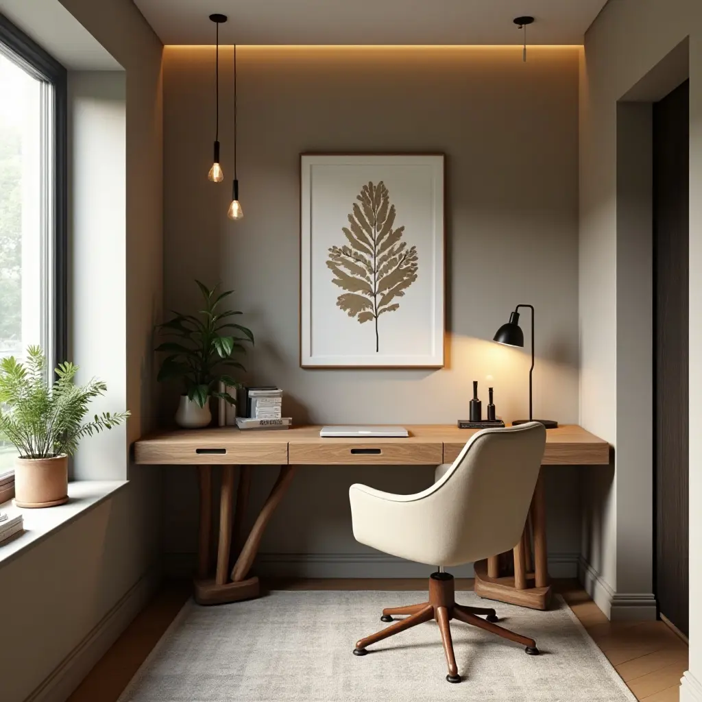 a photo of a cozy nook with a desk and wall art