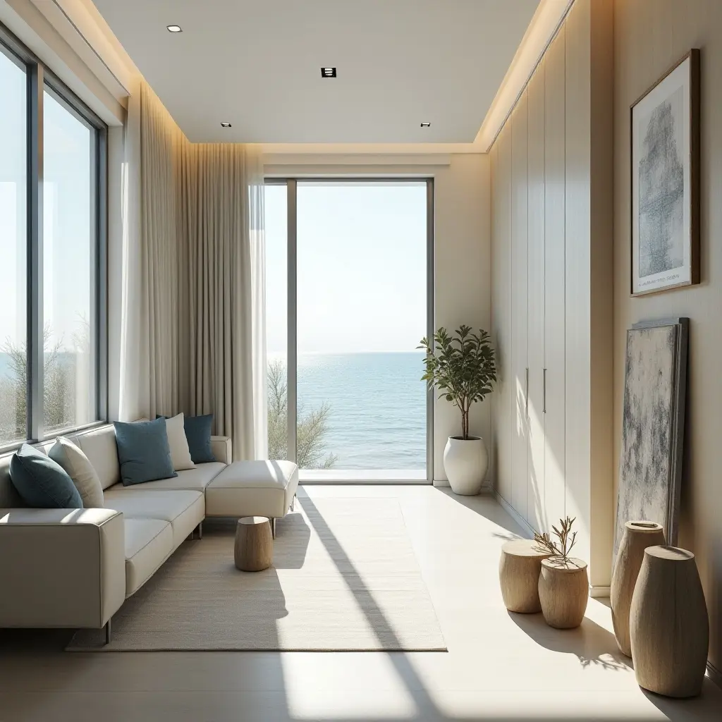 a photo of a corridor filled with natural light and sea-inspired decor