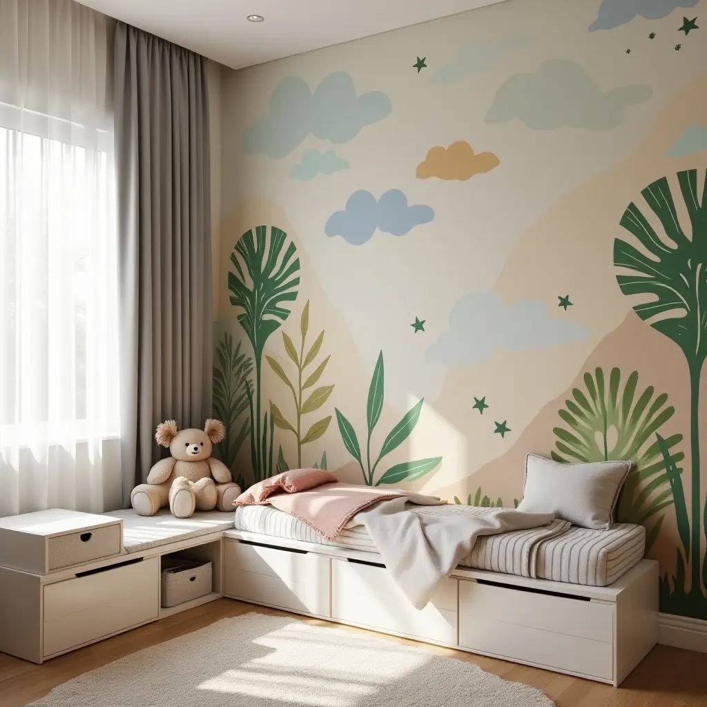 a photo of a kids' bedroom featuring a creative mural and storage