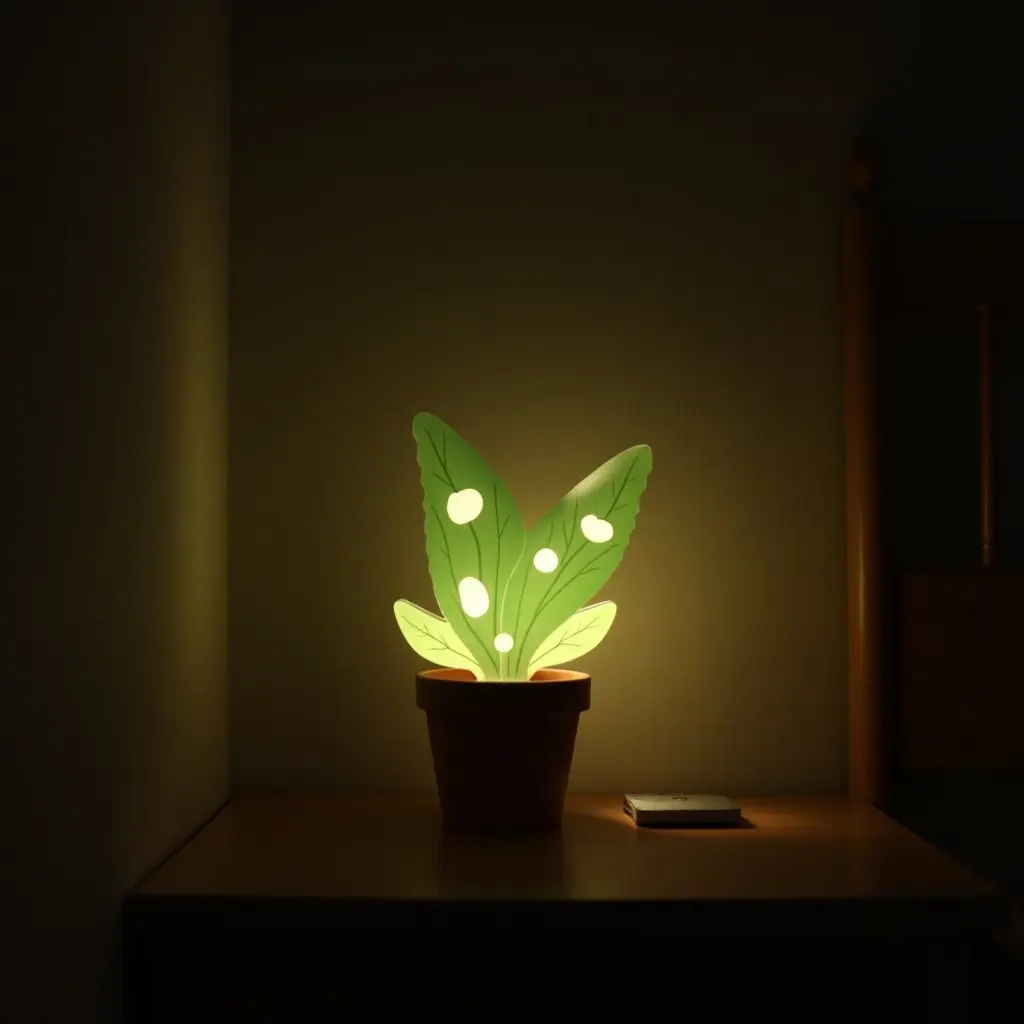 a photo of a plant-themed nightlight in a bedroom