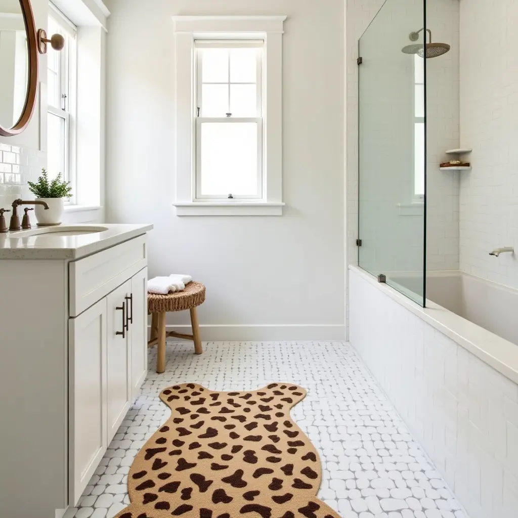 a photo of a playful animal print rug in a kids' bathroom