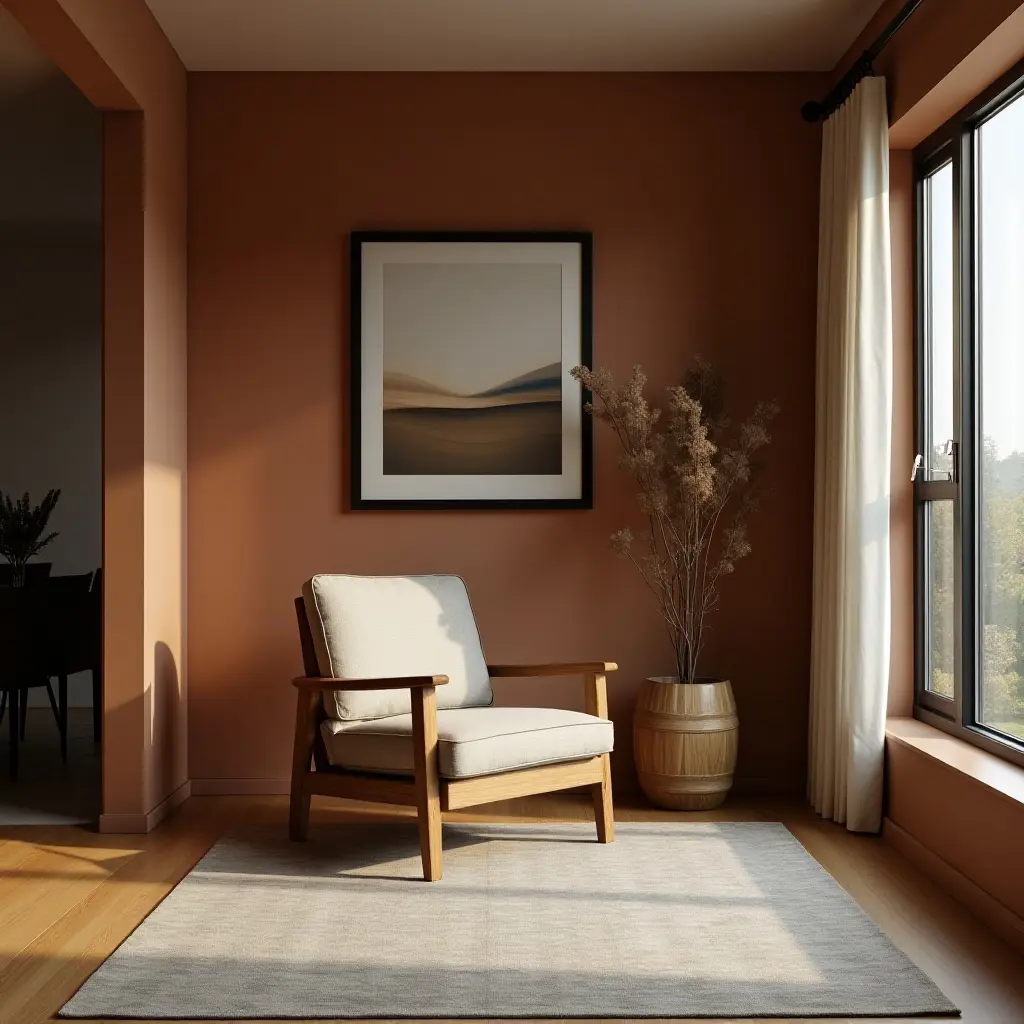 a photo of a wooden accent chair in a basement lounge