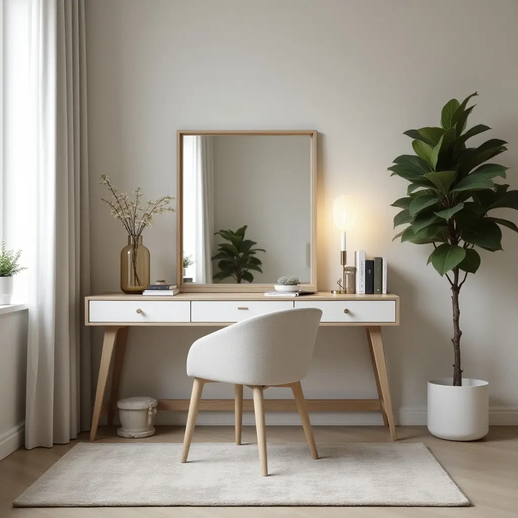 a photo of a study space with a dual-purpose desk and vanity