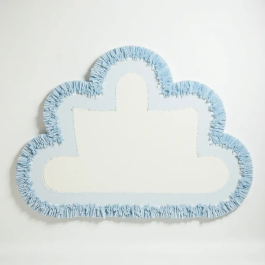a photo of a plush cloud-shaped rug in white and light blue for a nursery