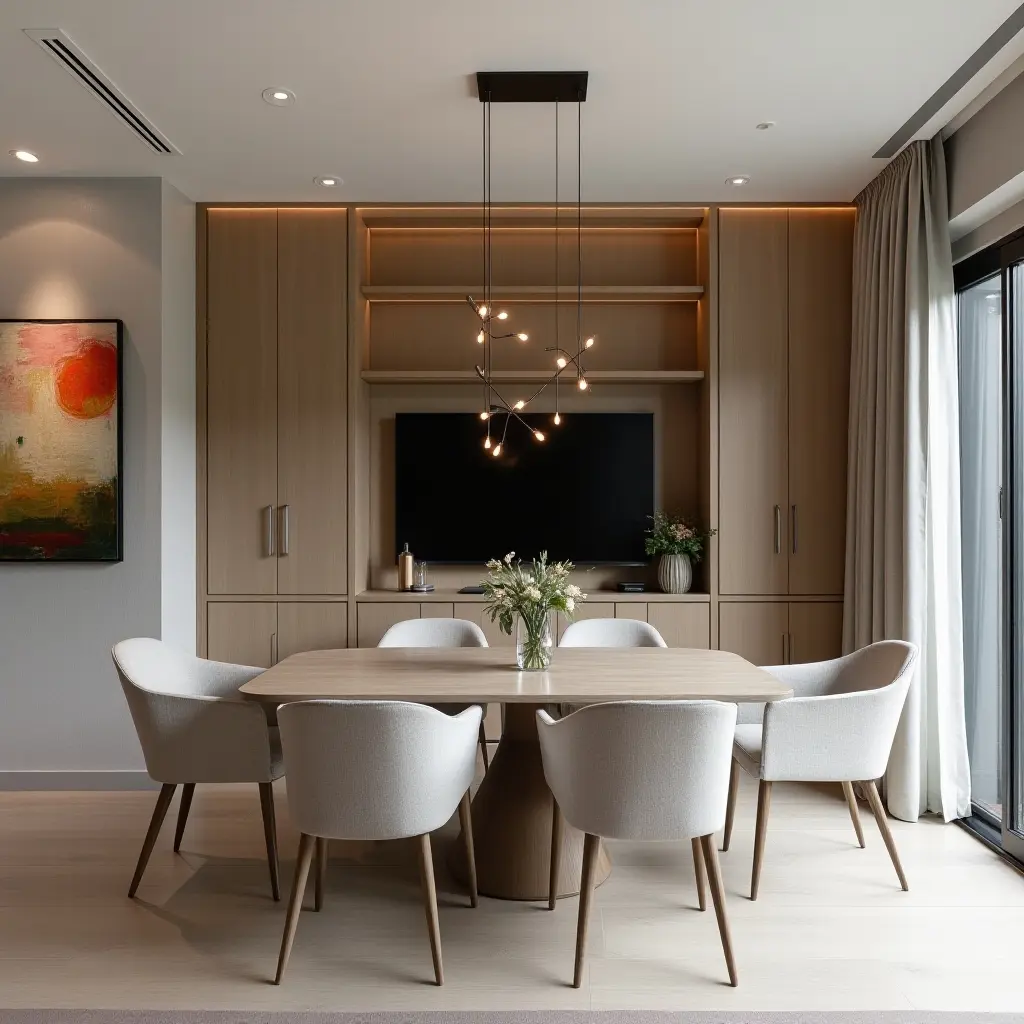 a photo of a dining area with a hidden TV behind a sliding artwork panel