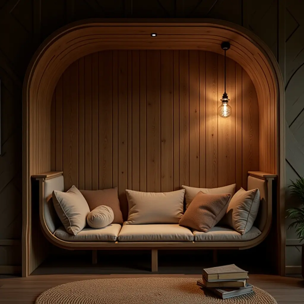 a photo of a rustic reading nook with wooden accents and soft lighting