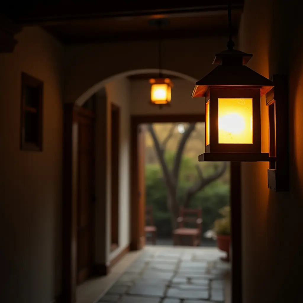 a photo of a wooden lantern illuminating an entrance hall
