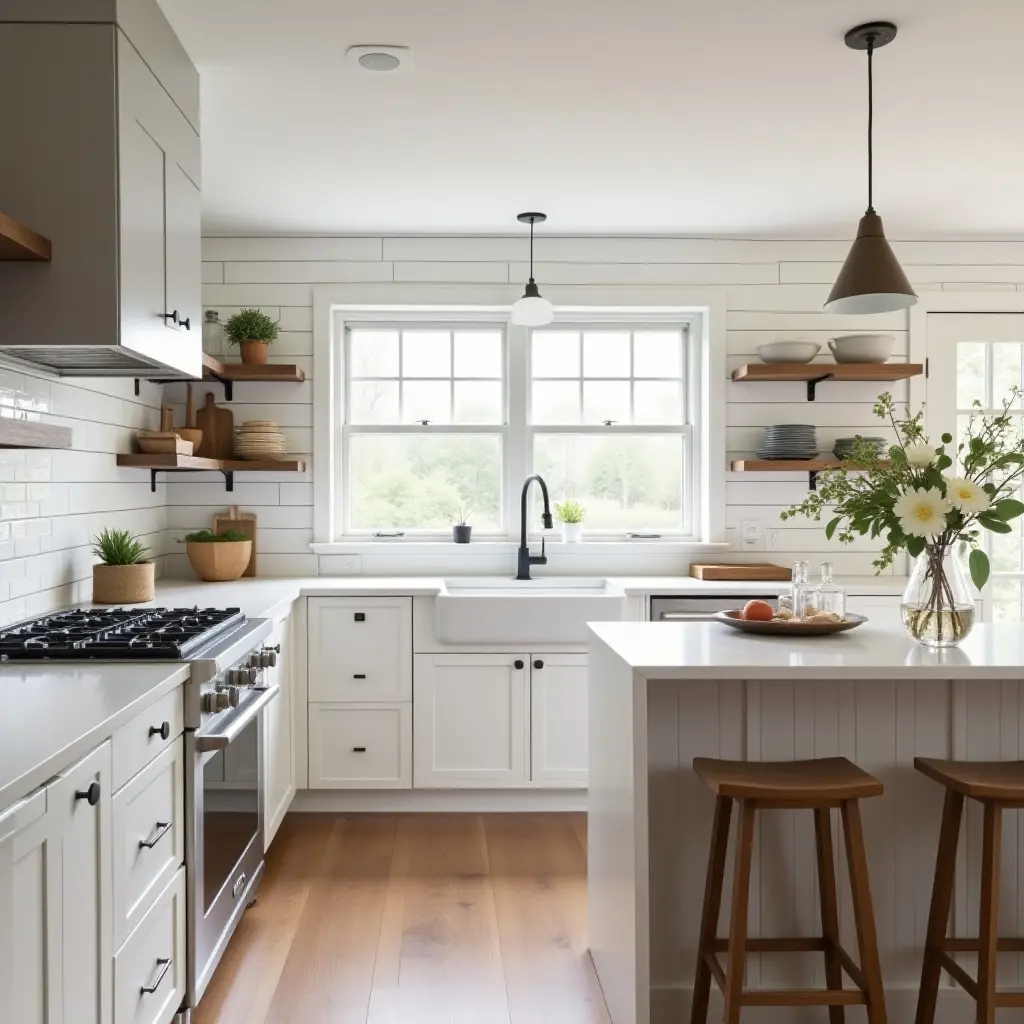 a photo of a bright kitchen with white shiplap walls and wooden accents