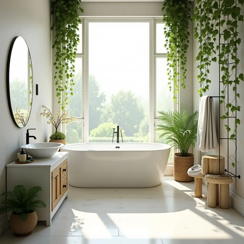 a photo of a bright bathroom with a large window and climbing plants