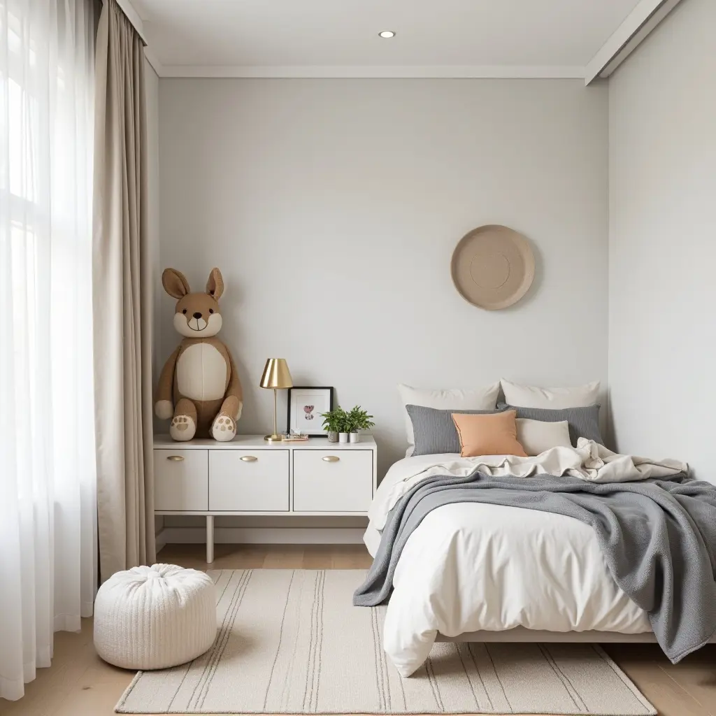 a photo of a minimalist kids' bedroom with Scandinavian decor and plenty of storage solutions