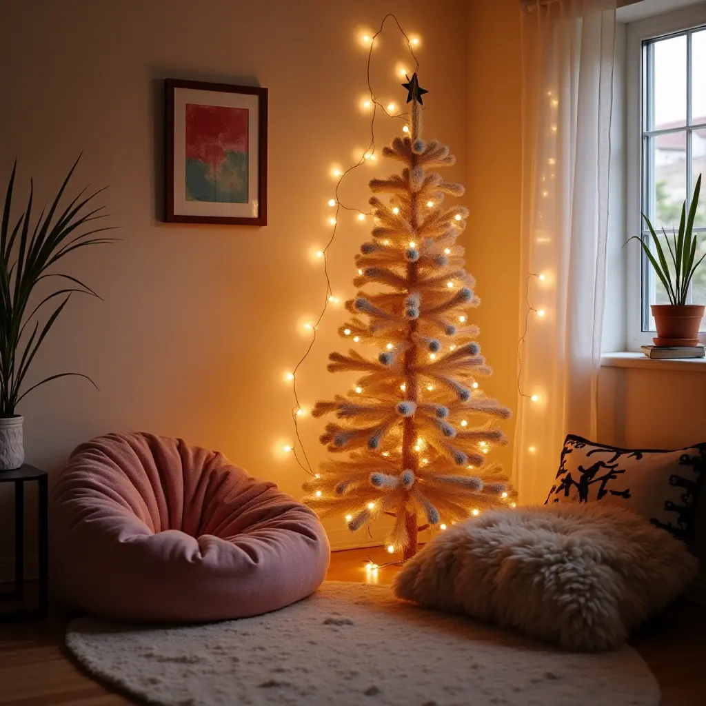 a photo of a cozy corner in a teen's room with a chic bean bag and fairy lights