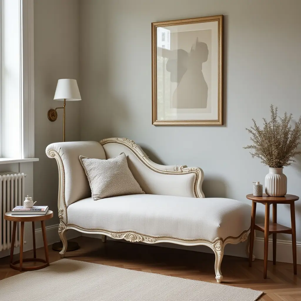 a photo of a classic chaise lounge in a stylish teen's corner